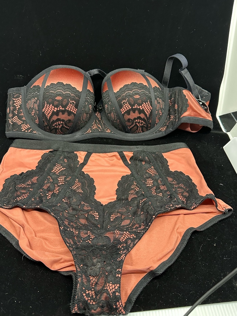 Torrid Lingerie set-Black Lace Overlay Bra & Brief Set in Rust/peach